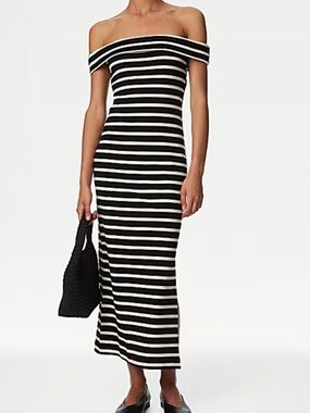 Freshman 1996 olive and white stripe off the shoulder midi dress w side slit